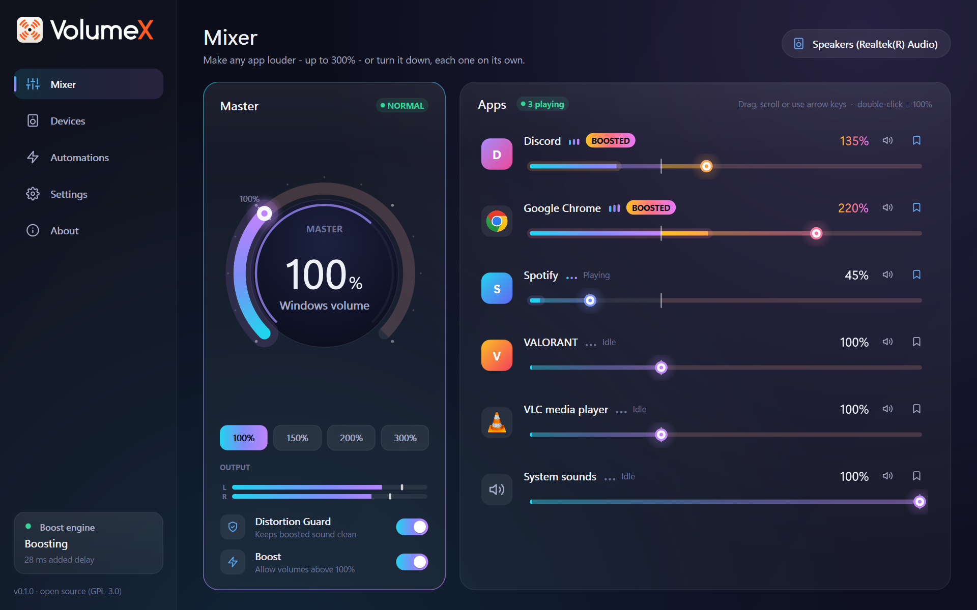 The VolumeX mixer: a master dial at 100% and app sliders - Chrome boosted to 220%, Discord to 135%, Spotify turned down to 45%.