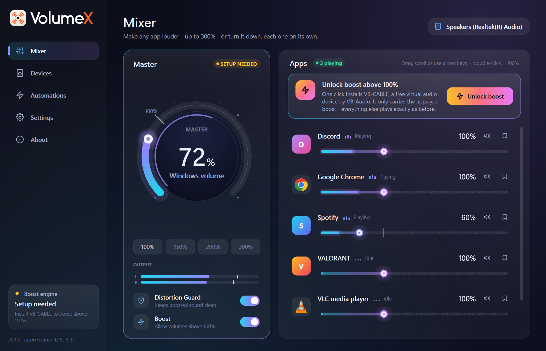 Mixer with the Unlock boost banner and hatched boost zones