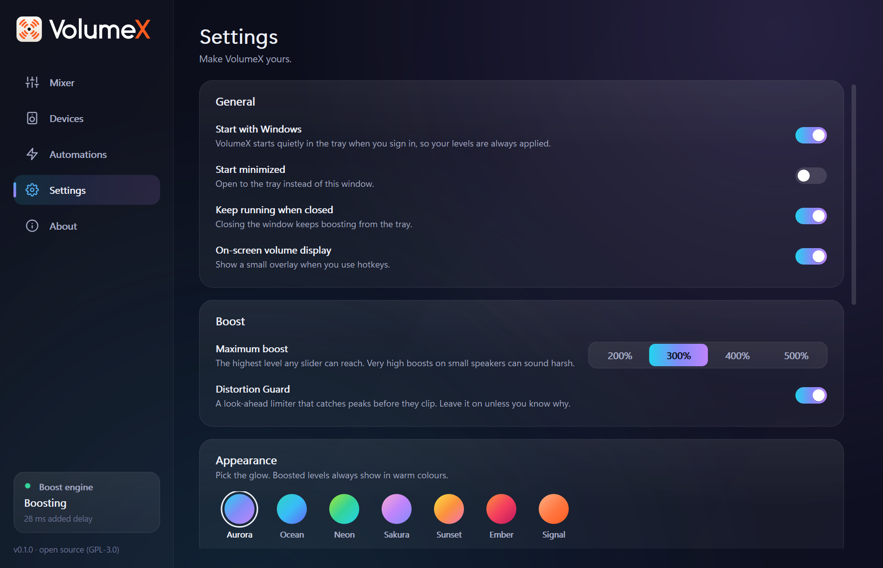 The Settings page