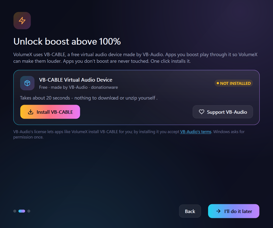 The Unlock boost step with the Install VB-CABLE button