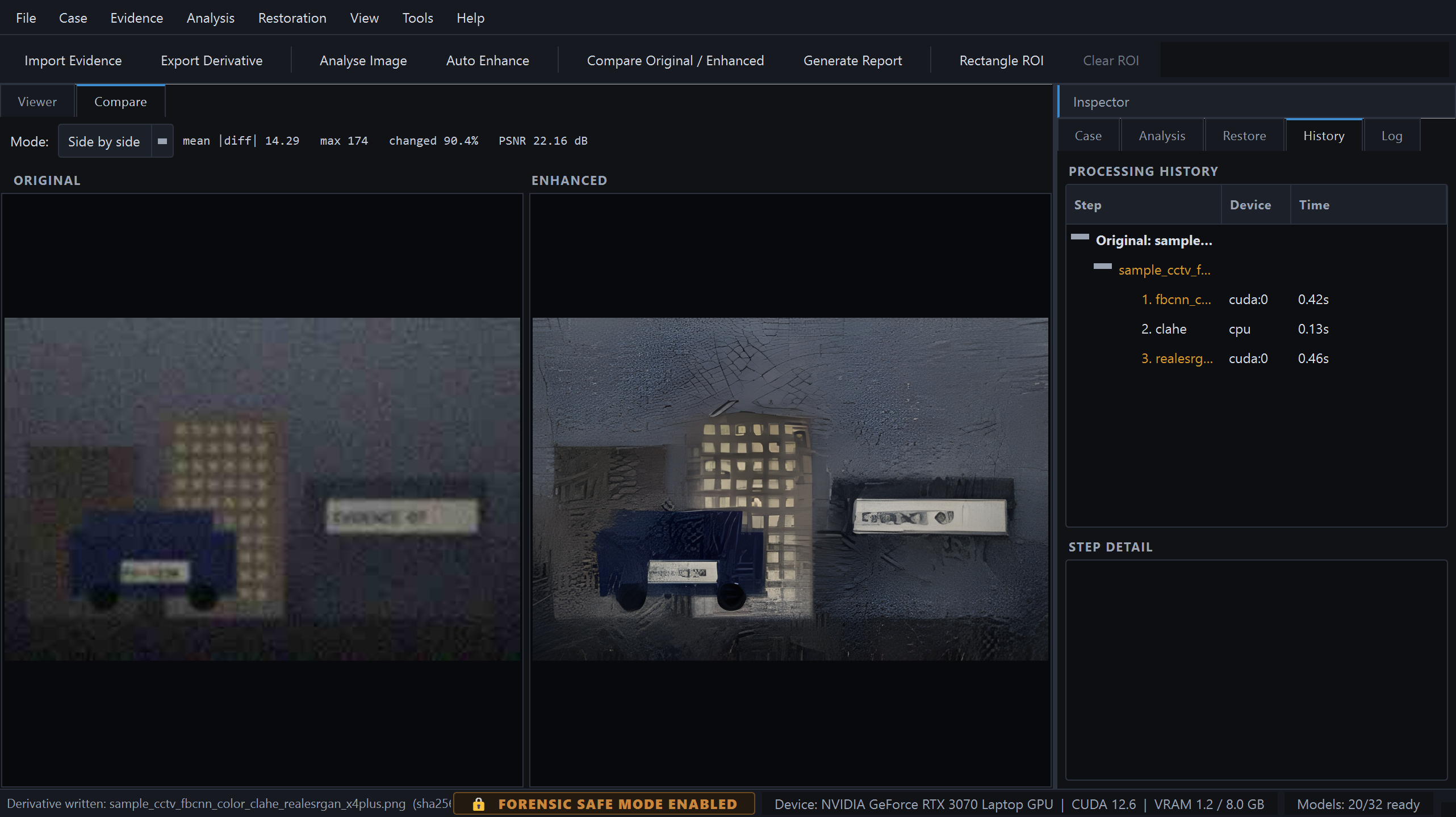 Side-by-side comparison with synchronised zoom and the processing history panel