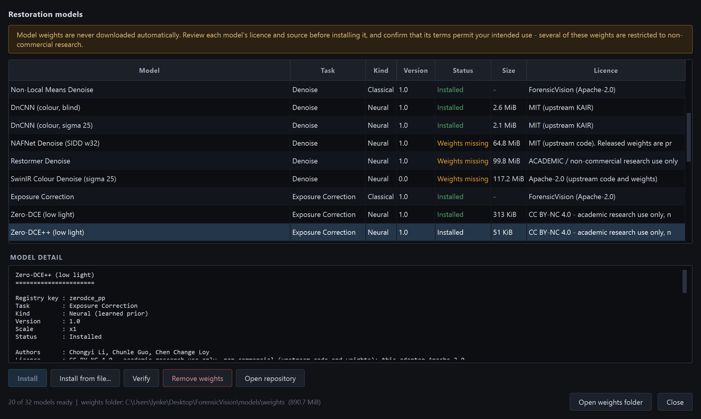 Model Manager listing every model with its licence and installation status