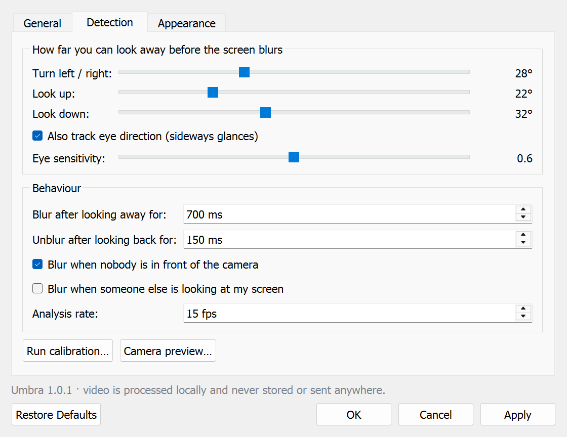Settings window, Detection tab