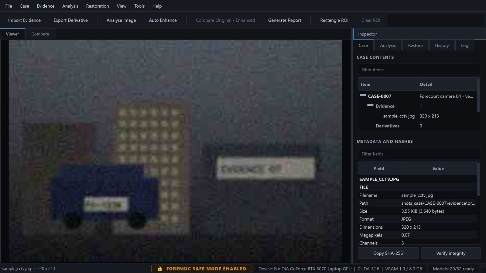 ForensicVision main window with a CCTV evidence image and a case inspector panel