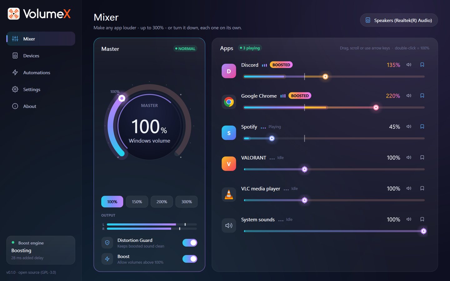 The VolumeX mixer with a master dial at 100%, Chrome boosted to 220%, Discord to 135% and Spotify turned down to 45%